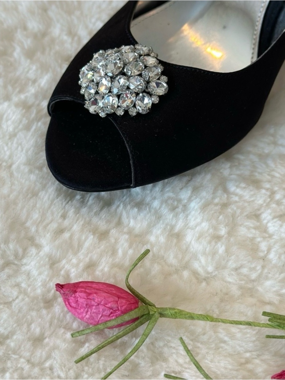 Nina Black Satin Glamour Pumps with Crystal Brooch - Picture 2 of 8